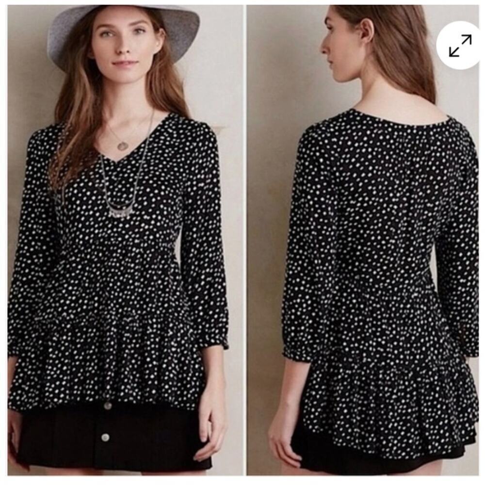 Maeve‎ Anthropologie Lila Polka Dot Peplum 3/4 Sleeve Black White Blouse Top S